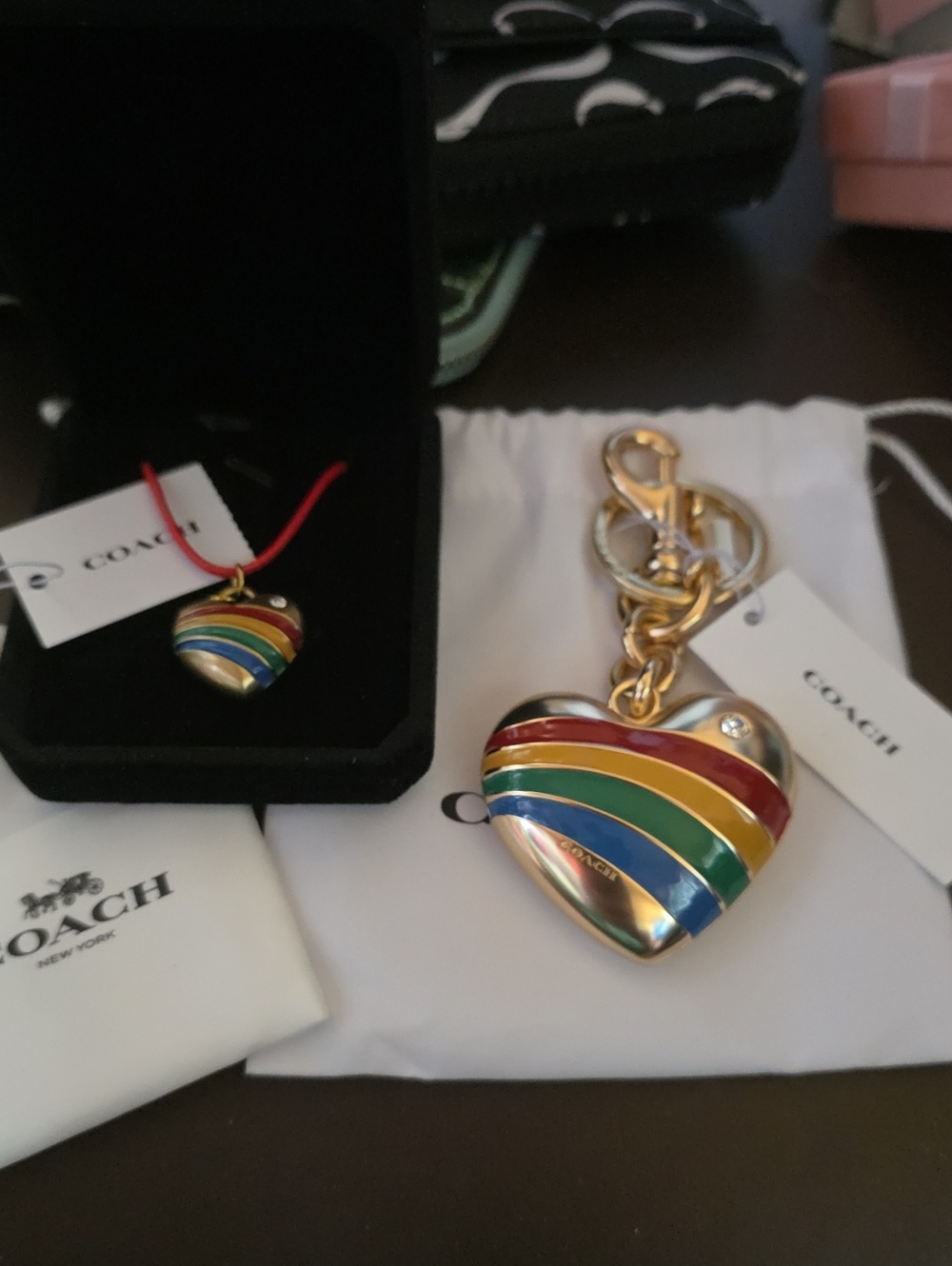 COACH 2 Fer Gold-Tone Rainbow Heart Pendant and Keychain Charm Set Nwt